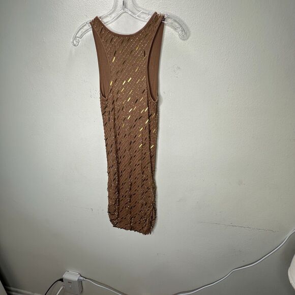 Haute Hippie Chocolate Brown Tank Mini Dress Side Ruche Gold & Beaded Adornment - Picture 10 of 14